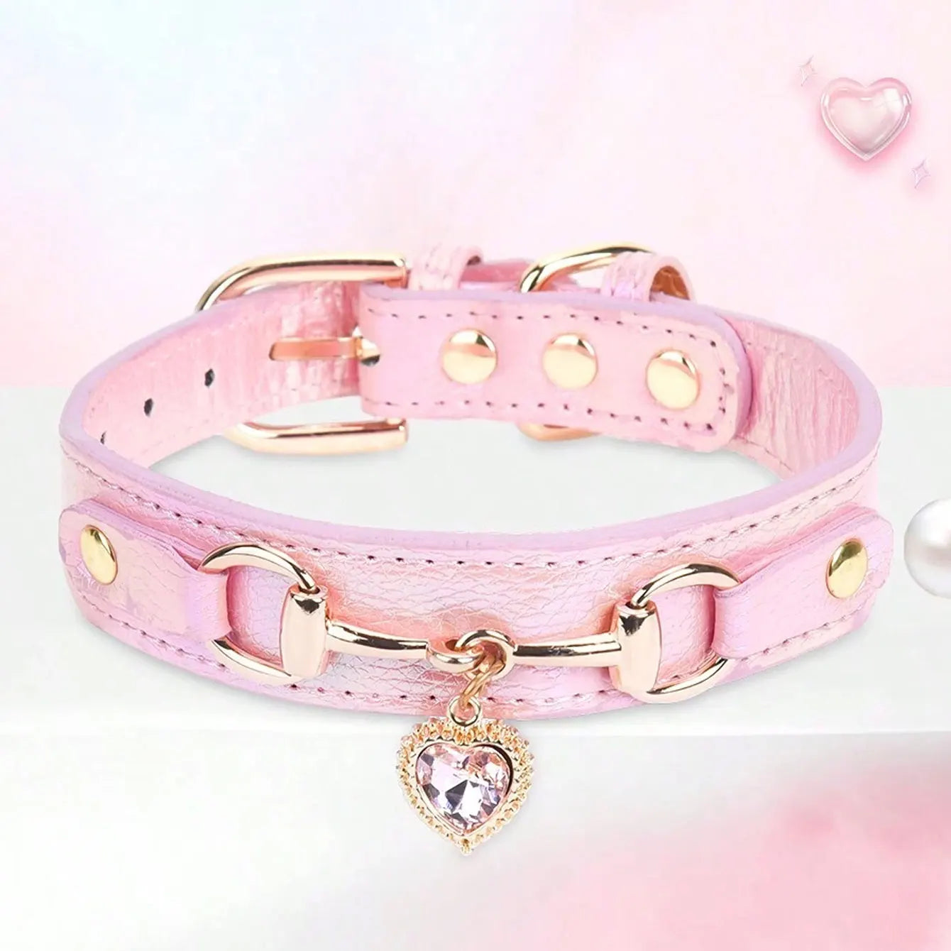 PU Leather Delicate Pet Dog Collar, High-Quality Leather Fabric and Alloy Fittings. Beautiful Gemstone Decoration
