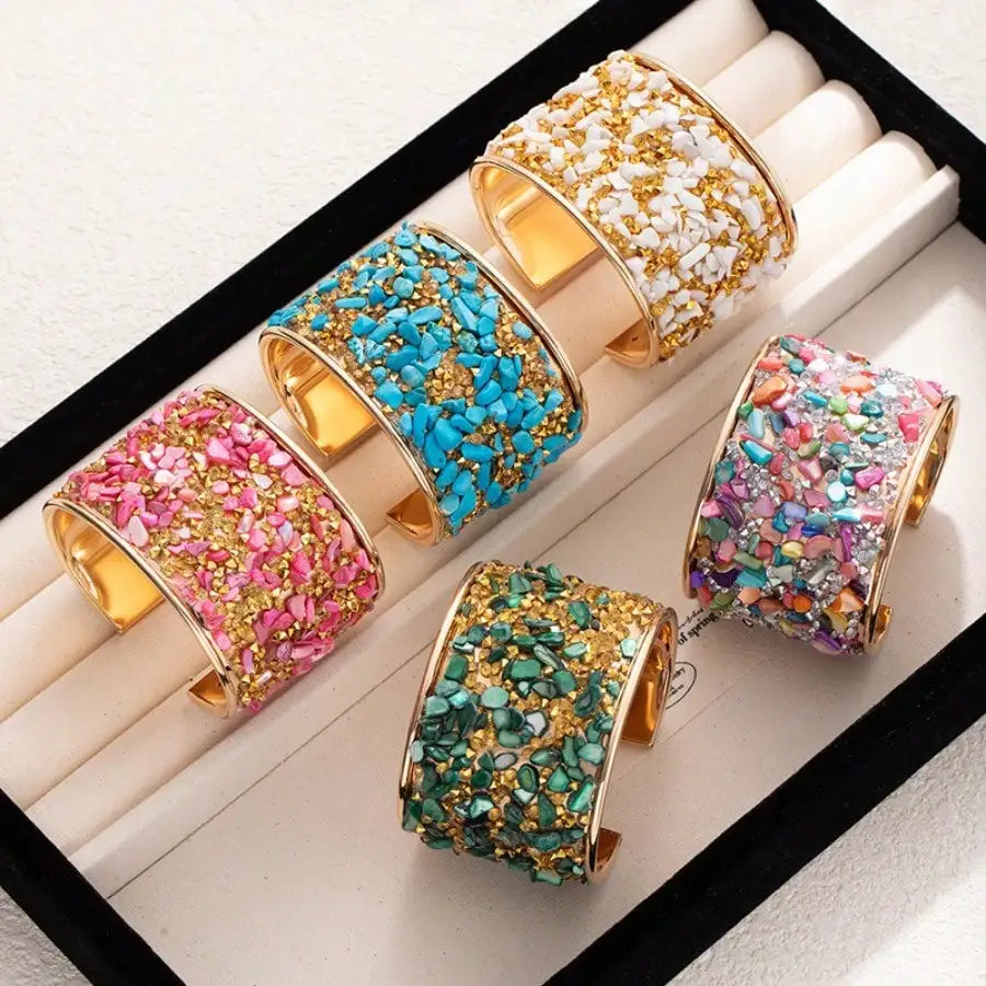 Colorful Crushed Stone Wide Open Bangle, Sparkling Diamond Inlaid Bracelet, High-end Cool Arm Cuff Jewelry