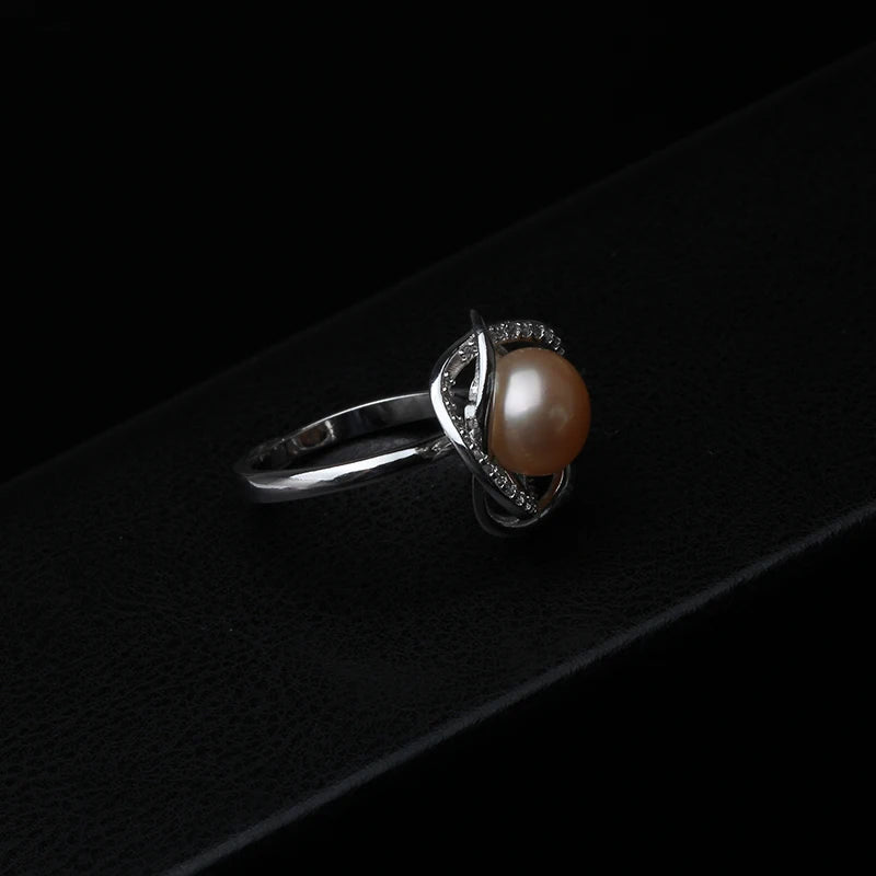 925 Silver Adjustable White Natural Freshwater Black Pearl Ring for Women, Cultured Natural Pearl Ring