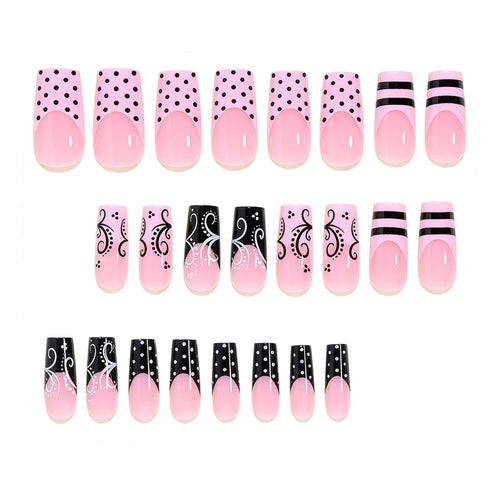 24PCS French Press on Nails Sweet Punk Vine Striped Pink Black French Nail Tip