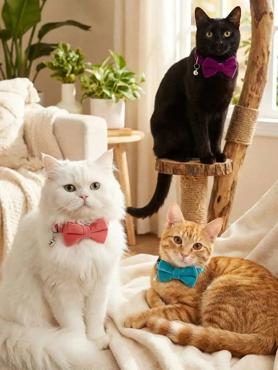 Fashionable Adjustable Pet Collar, Multi-Color, With Bell And Bow Tie - Suitable For Cats And Small Dogs