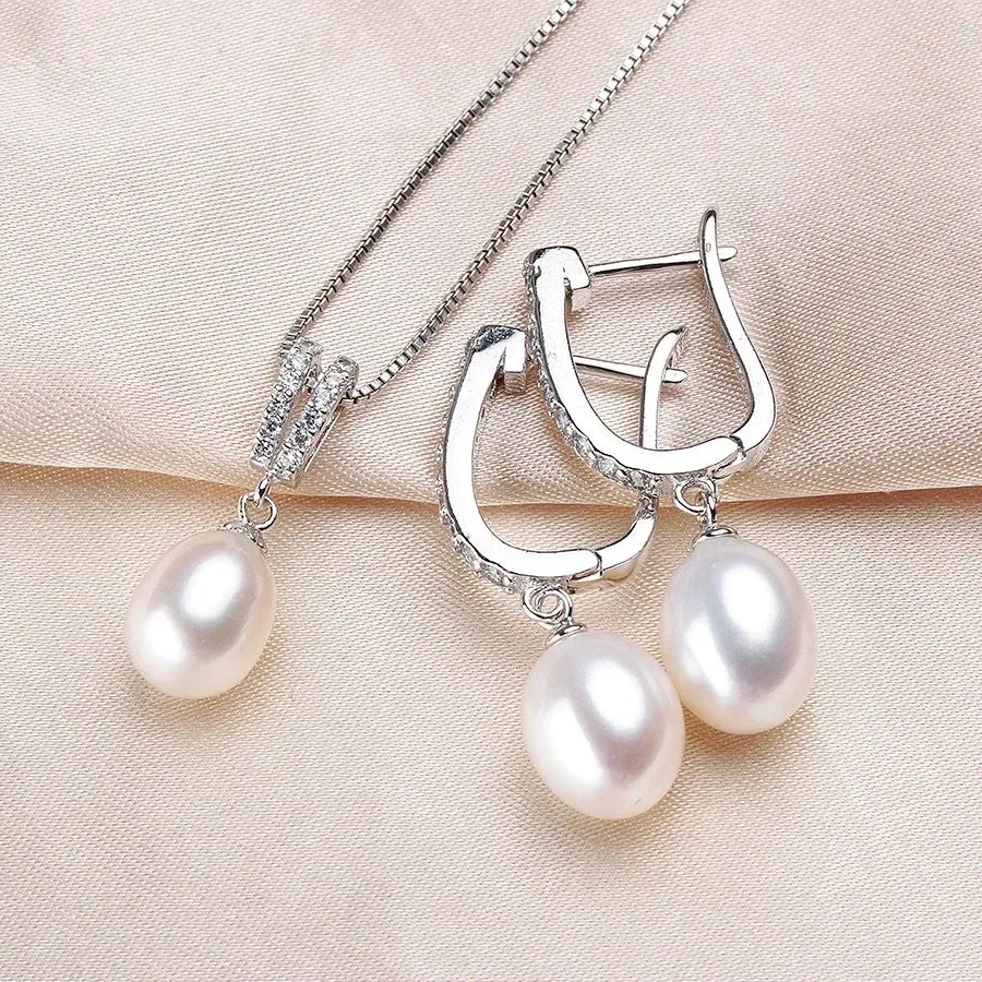 Luxury 8-9mm Rice Freshwater Pearl Earrings and Necklaces Jewelry Set for Women 925 Sterling Silver 45cm Pendant Necklace