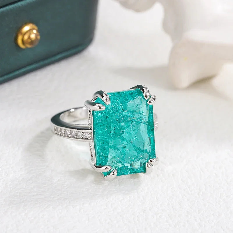 925 Silver Plated Exquisite Blue Green Moissanite Ring Fire Sparkling Luxury Open Ring