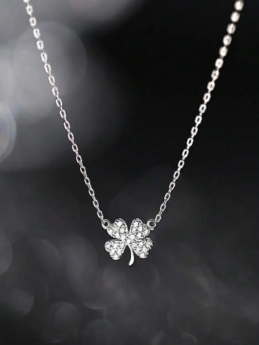 Silver Color Lucky Clover Rhinestone Pendant Chain Necklace For Women