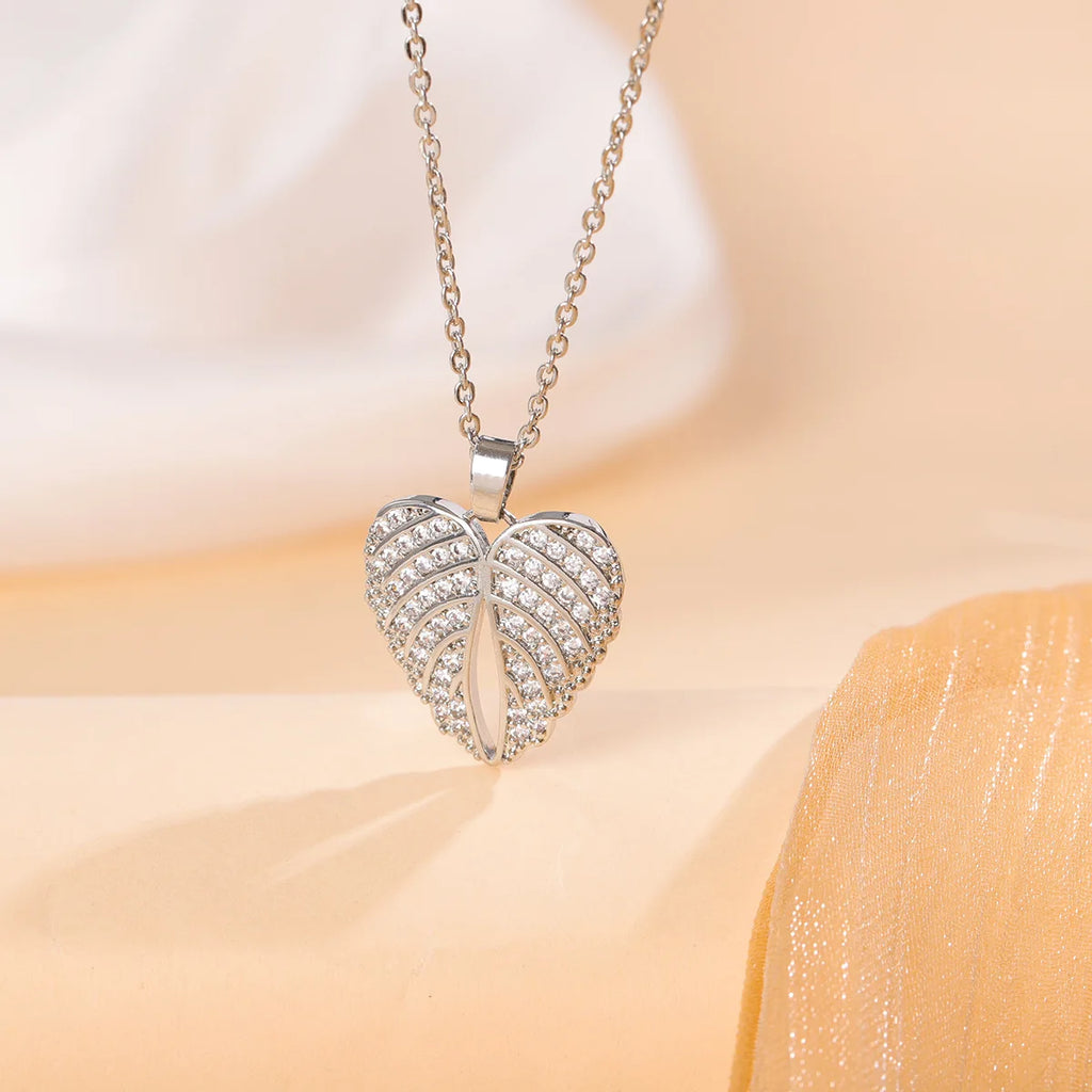 Fashion Crystal Angel Wings 925 Sterling Silver Heart Shaped Pendant Necklaces