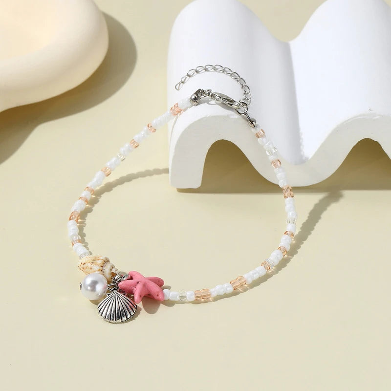 New Trend Starfish Conch Bracelet Anklets for Women Cute Adjustable Shell Rice Beads Ankle Bracelets