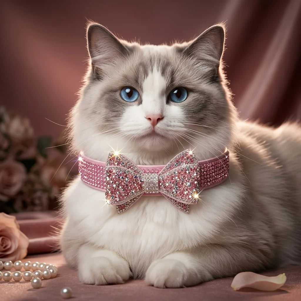 Dog / Cat Collar Pink Rhinestone Bow Princess Style No Choke Secure Stones