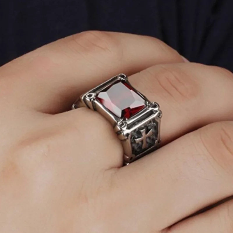 Fashion Personality Exquisite Red Zircon Cross Pattern Ring for Men