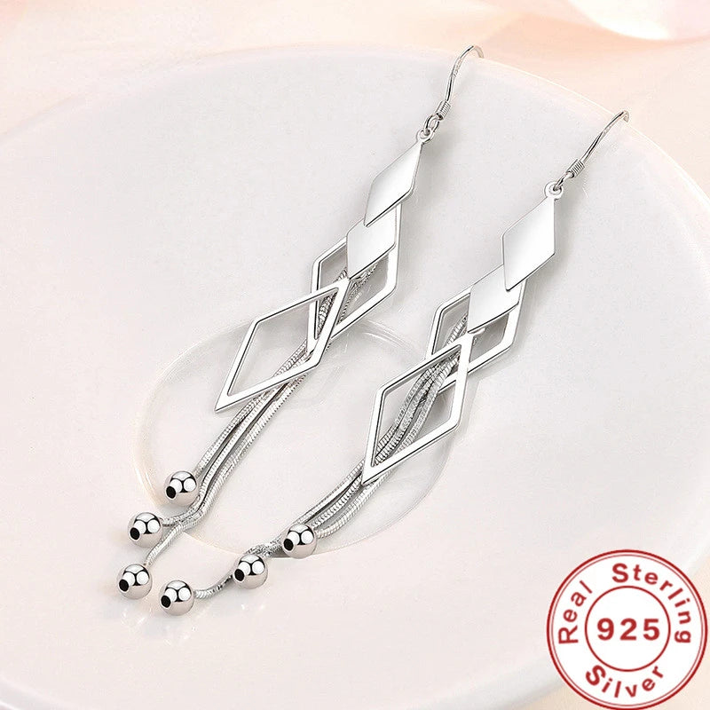 Fashion 925 Sterling Silver Long Earrings Diamond-Shaped