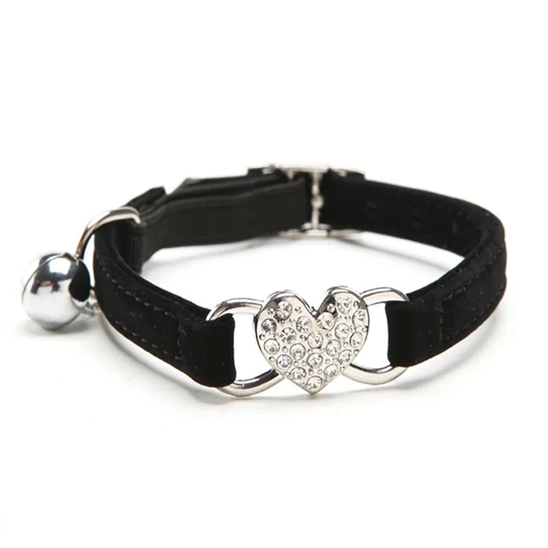 Heart Charm and Bell Cat Collar Safety Elastic Adjustable with Soft Velvet Material