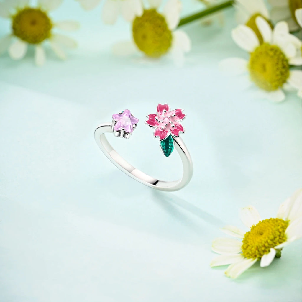 Cute Silver Rotating Cherry Blossom Open Adjustable Ring for Women