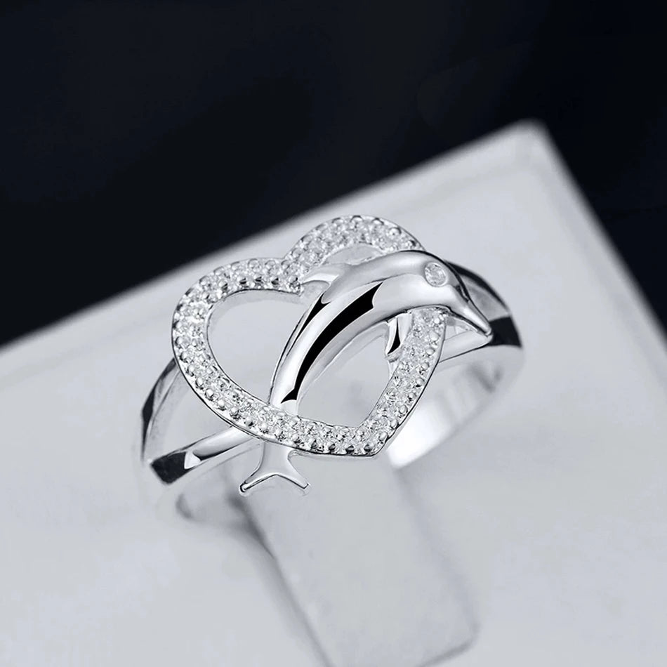 High Quality 925 Sterling Silver Fine Dolphins Heart Rings For Women