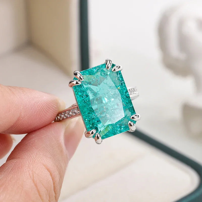 925 Silver Plated Exquisite Blue Green Moissanite Ring Fire Sparkling Luxury Open Ring