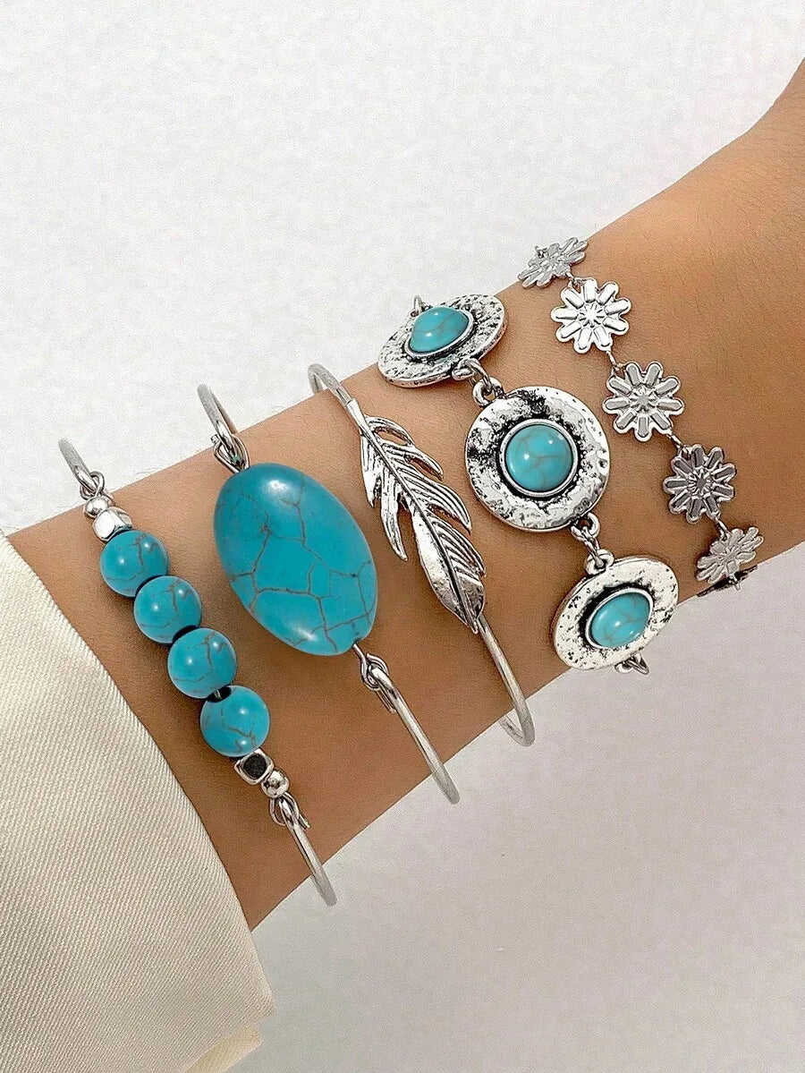5pcs Turquoise Stone Bohemian Style Bracelet Set For Women Casual Fashion Jewelry