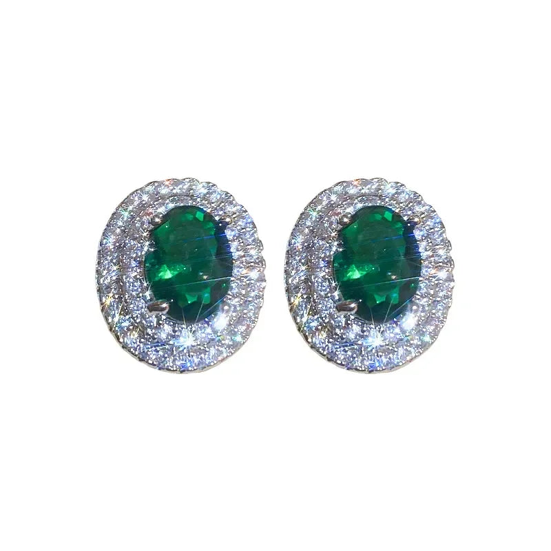 Silver Needle Emerald High-End Zircon Stud Earrings