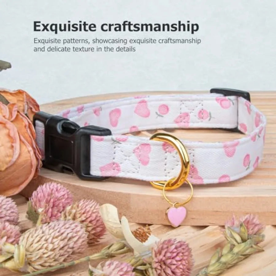 Cotton Handmade Dog Collar Cute and Distinctive Patterns White and Pink Love Heart with Pendant