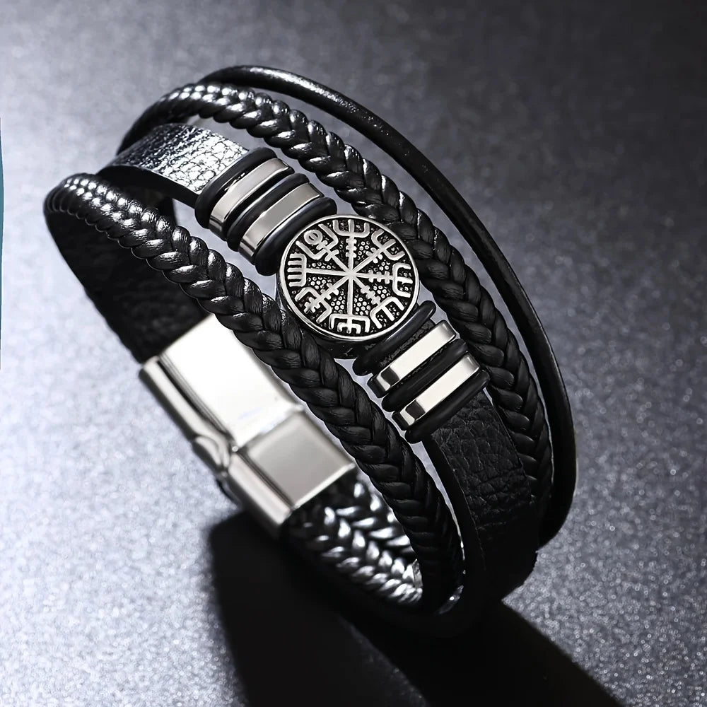A Stylish Punk Multi-Layer Men's Bracelet, Trendy Compass Bracelet, Woven Rope Bracelet