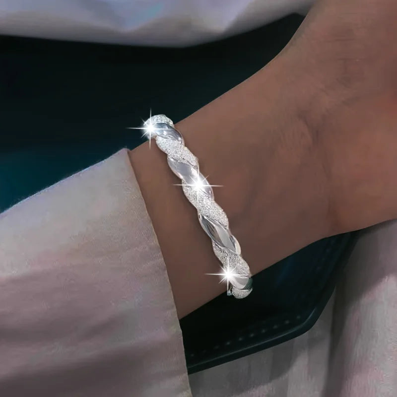 925 silver plated elegant twist cuff bracelet women's, anti-allergic open bracelet