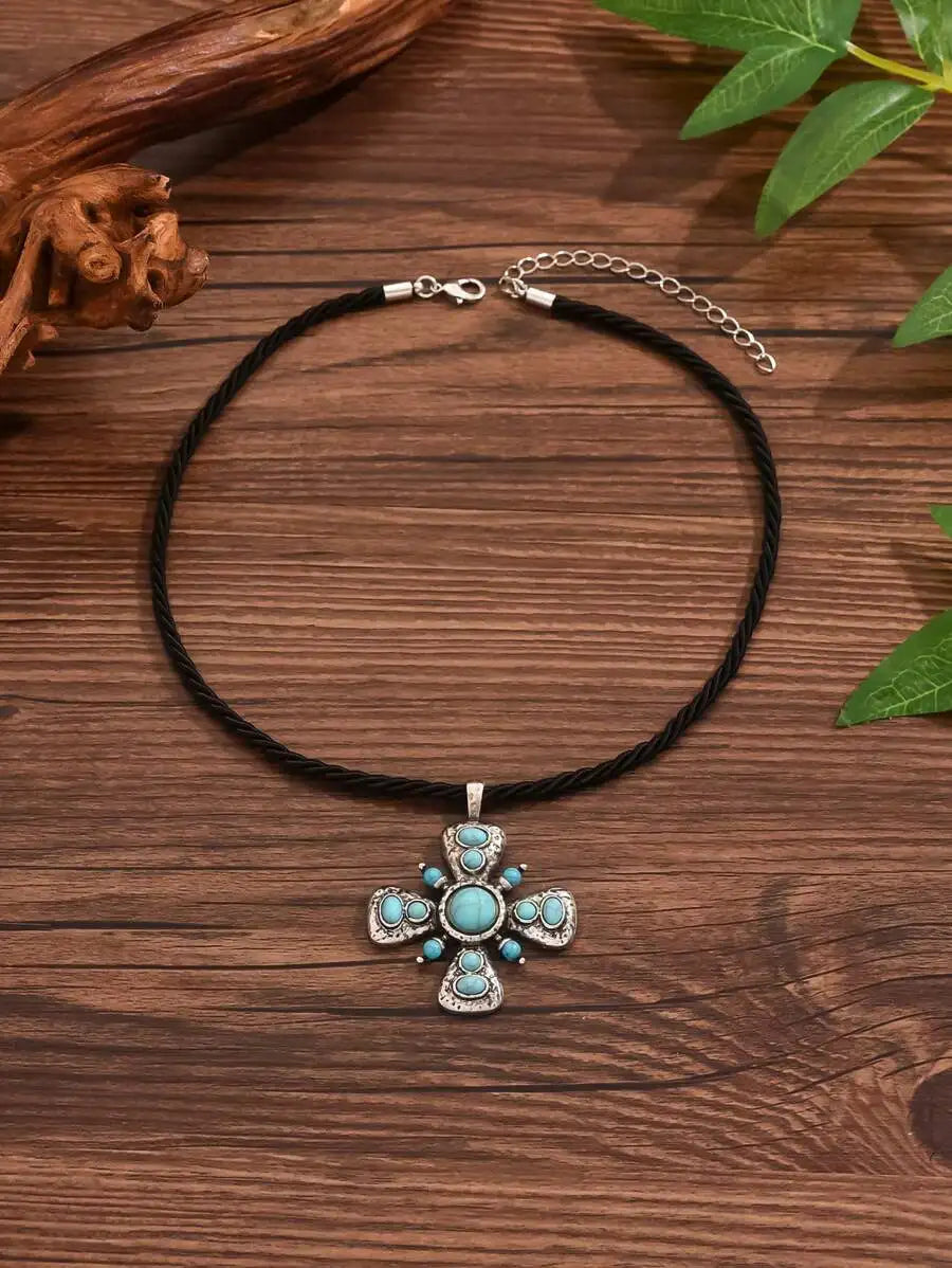 Vintage Bohemian Turquoise Inlaid Cross Pendant Necklace For Women