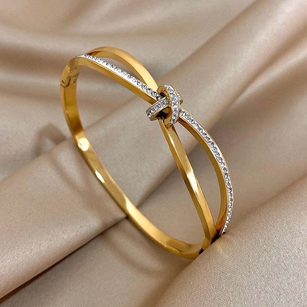 Stainless Steel Bracelet, Trendy with Rhinestone Inlaid Knot Bangles Bracelets for Women