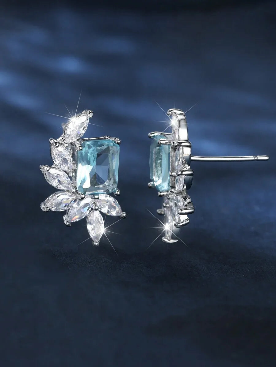 Sea Blue Rectangular Cubic Zirconia Leaf Design Elegant Earrings For Women
