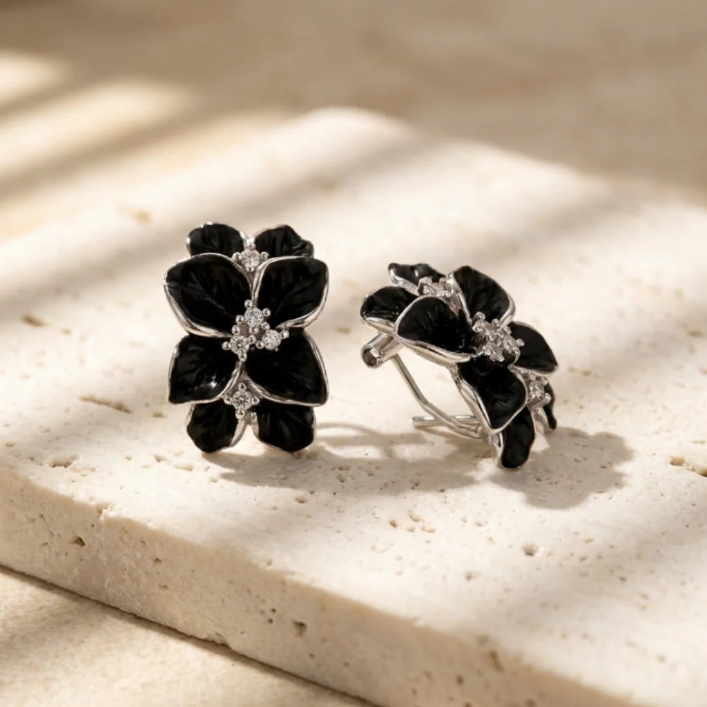 Real 925 Sterling Silver Black Vintage Enamel Flower Earrings CZ French Clip
