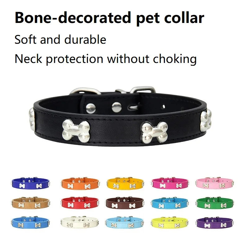 Bone Pattern Collar Durable Adjustable Small Dog Puppy Cat Safe PU Leather