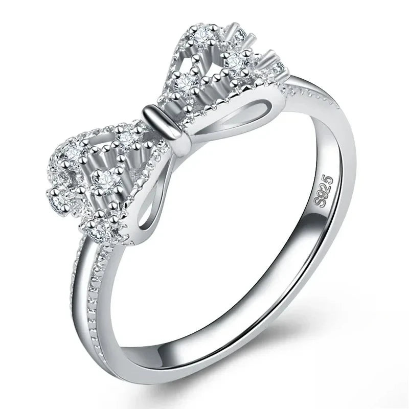 Beautiful 925 Sterling Silver Lovely Bowknot Shaped Jewelry Ring Micro Paved Bow Tie Zircon