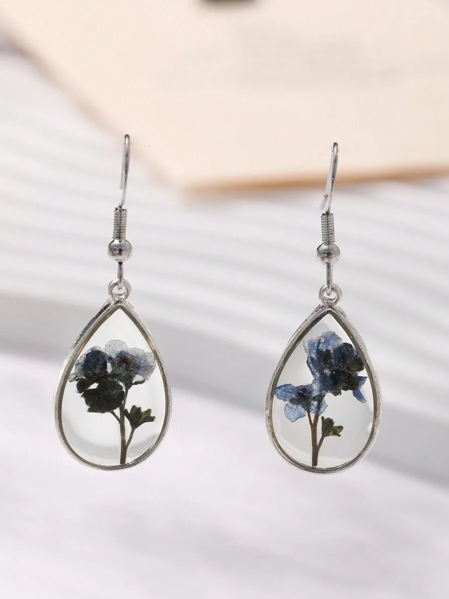 Gorgeous Dried Flower Pressed Resin Forget Me Not Blue Drop Earrings For Women