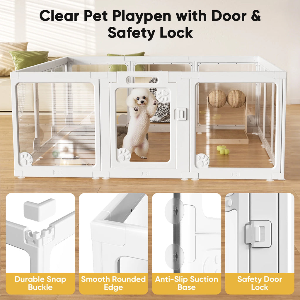 Clear Acrylic Dog Play Pen Indoors 24", 8 Panels Transparent Puppy Playpen with Door