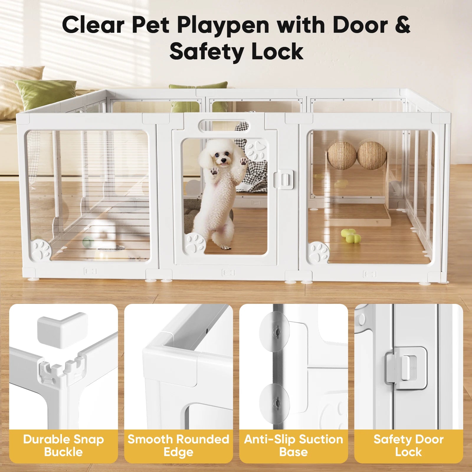 Clear Acrylic Dog Play Pen Indoors 24", 8 Panels Transparent Puppy Playpen with Door