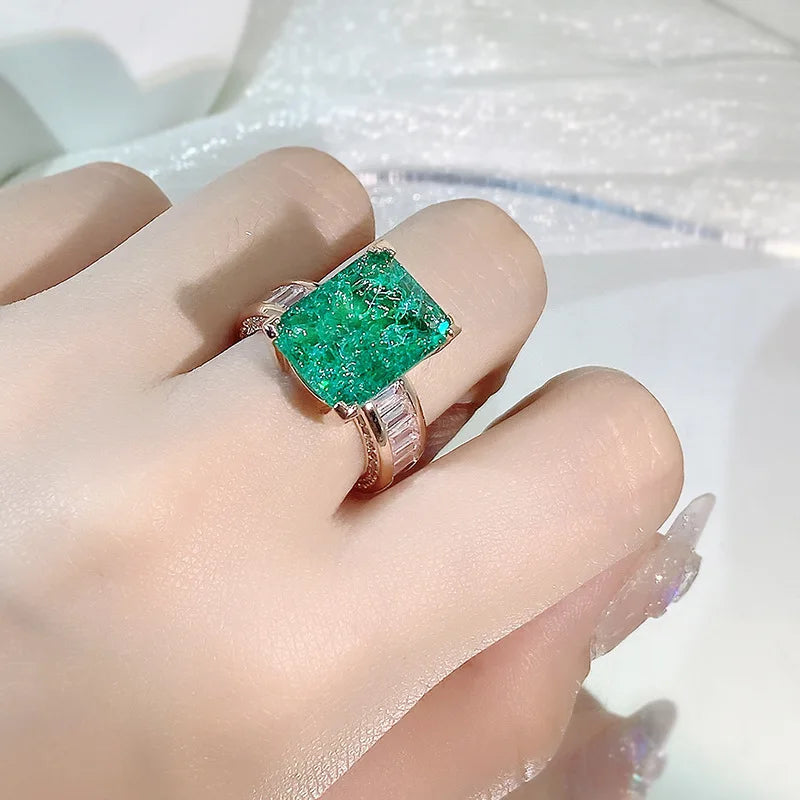925 Silver Plated Exquisite Blue Green Moissanite Ring Fire Sparkling Luxury Open Ring