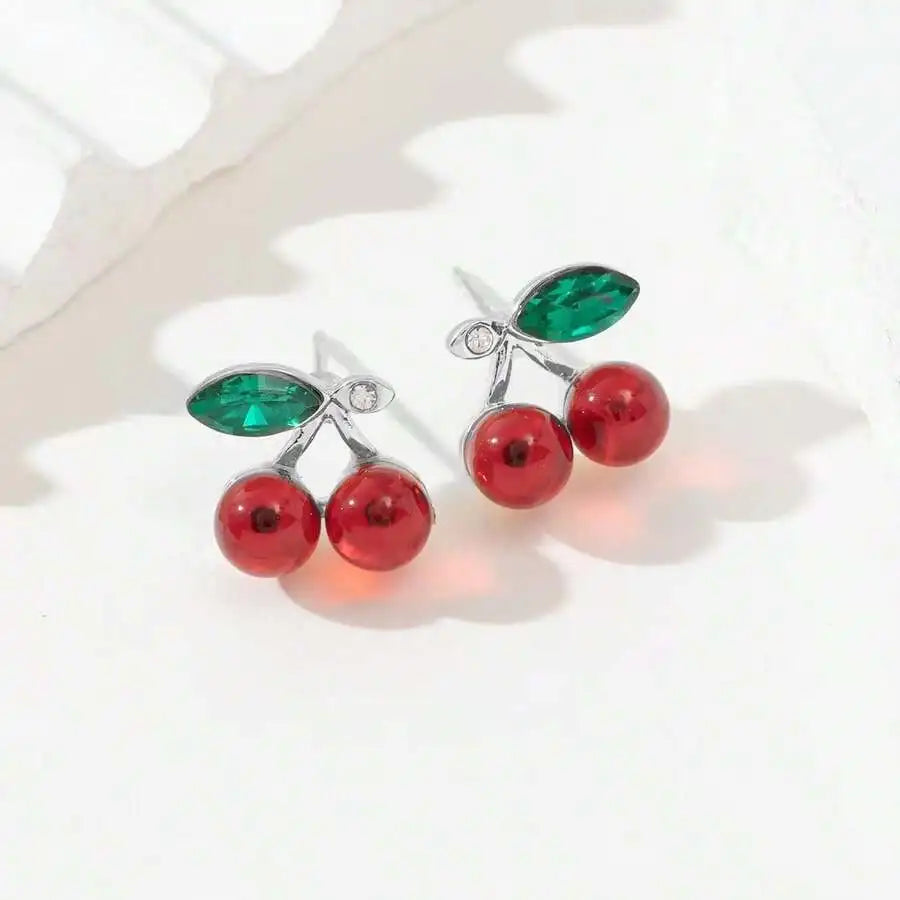 Cherry Design Stud Earrings For Women Red And Green Gemstone Fashion Jewelry