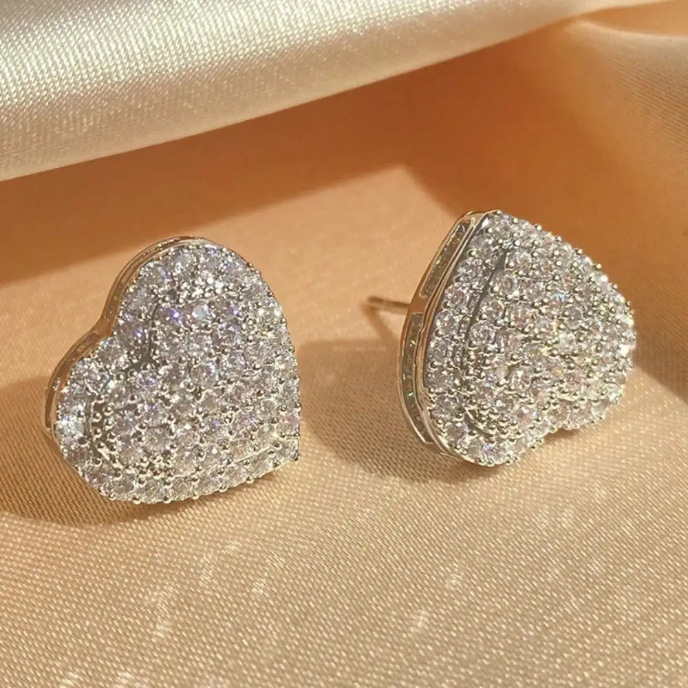 Full Paved Zircon Puffy Heart Stud Earrings Two Tone Gold Silver Plated