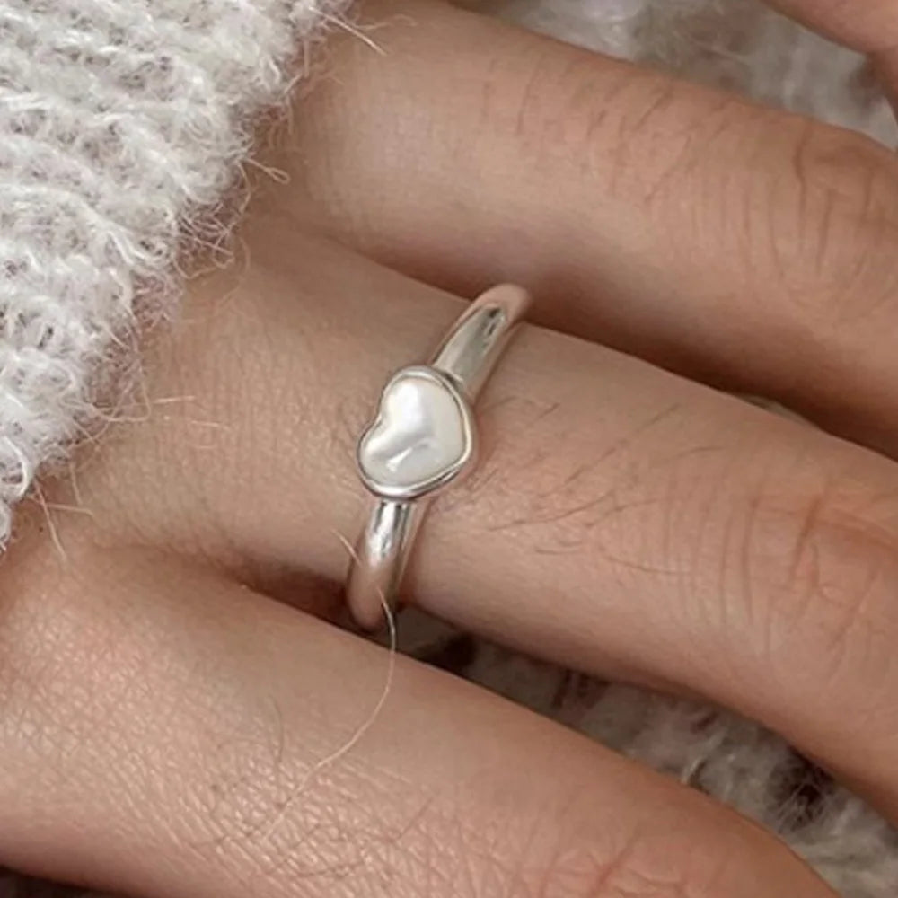 Lovely 925 Sterling Silver Ring For Women  Heart Stone Simple Open Vintage Handmade Ring Allergy For Party Birthday Gift