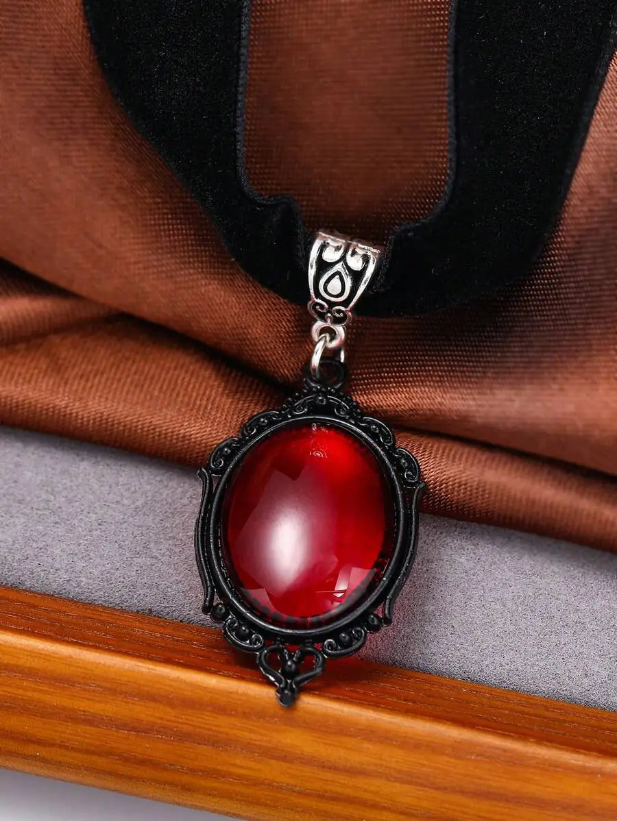 Handmade Black Velvet Gothic Choker Necklace With Red Resin Pendant