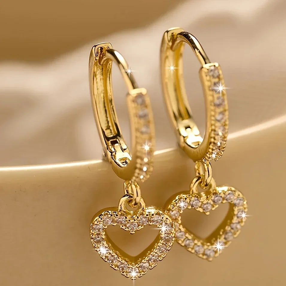 Gorgeous Heart Pendant Tassel Earrings with Full Sparkling Zirconia, Simple Style
