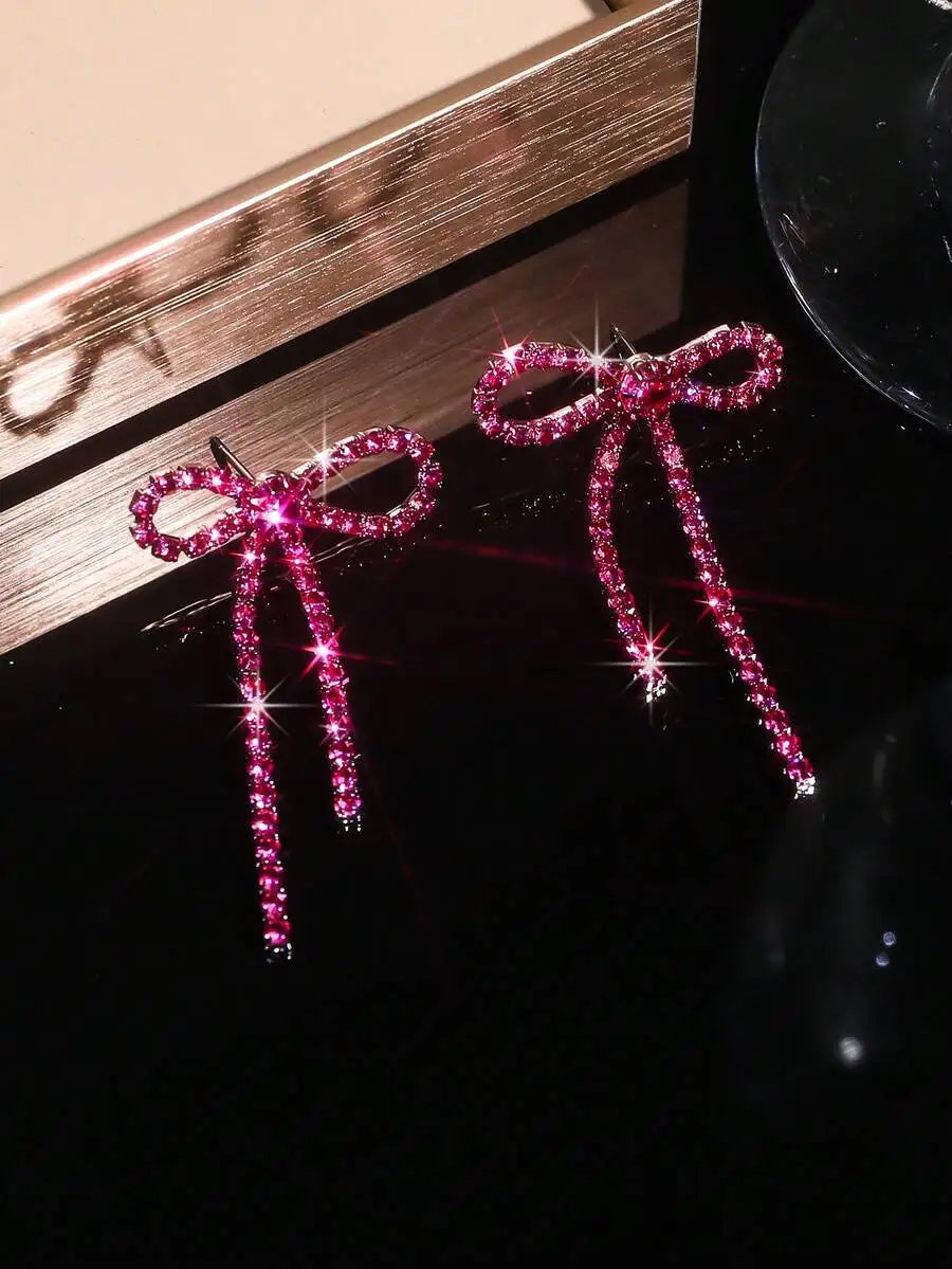 Elegant Bow Tassel Drop Earrings With Pink Crystal For Women