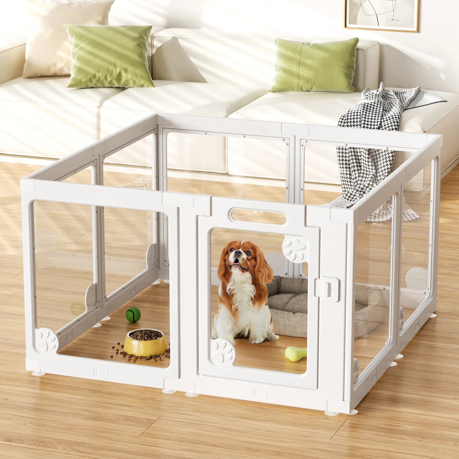 Clear Acrylic Dog Play Pen Indoors 24", 8 Panels Transparent Puppy Playpen with Door