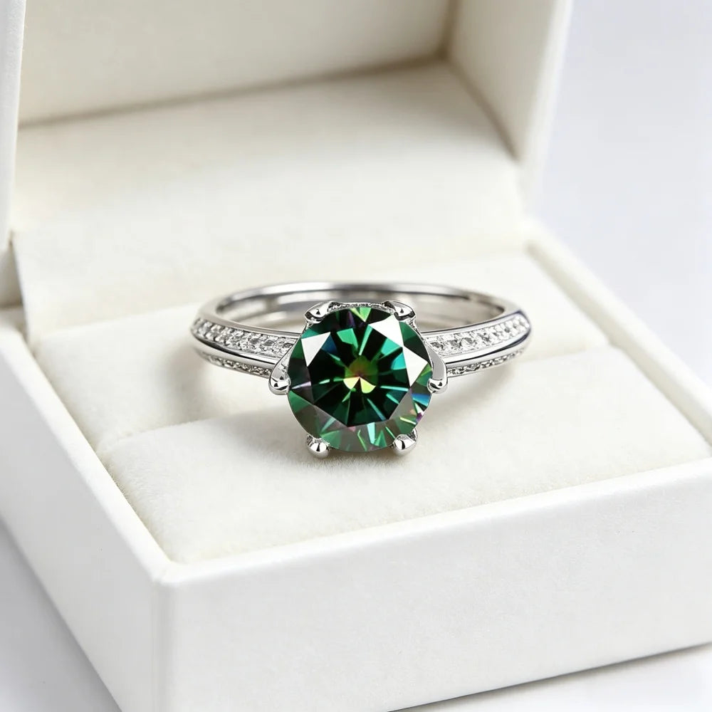 Beautiful 925 Sterling Silver Multicolor Green Moissanite Ring Adjustable Open Band