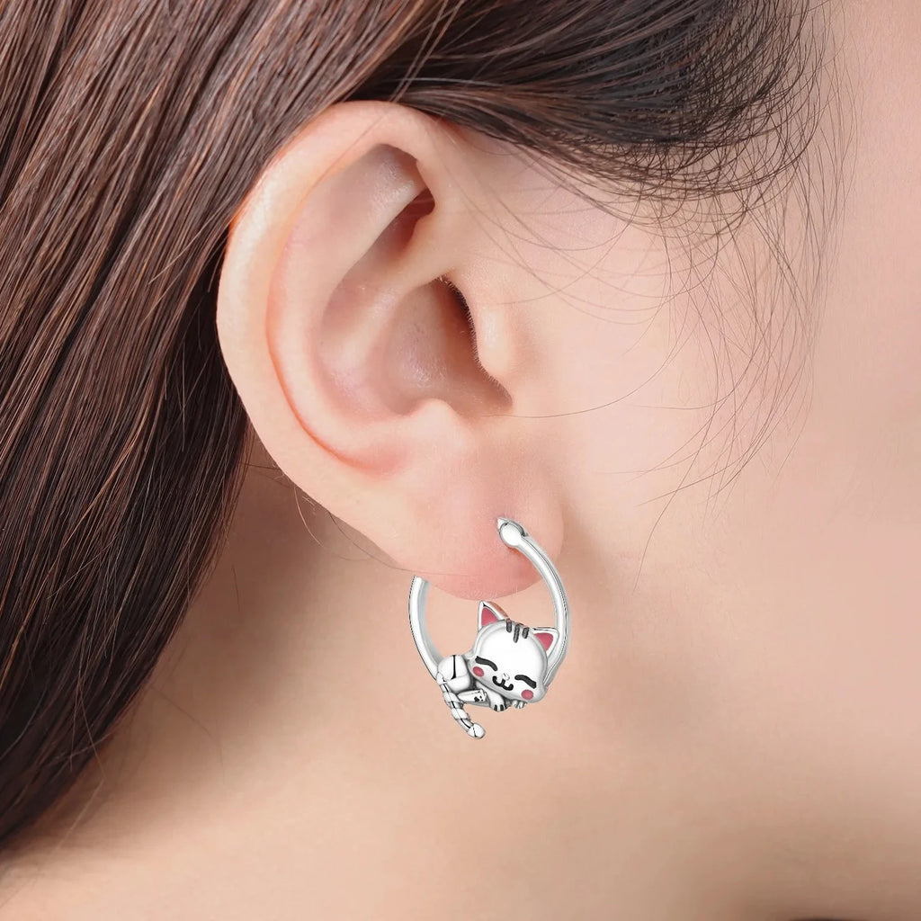 Cute Sleeping Cat Hoop Earrings Silver plated for Women Girls Daily Party Wear