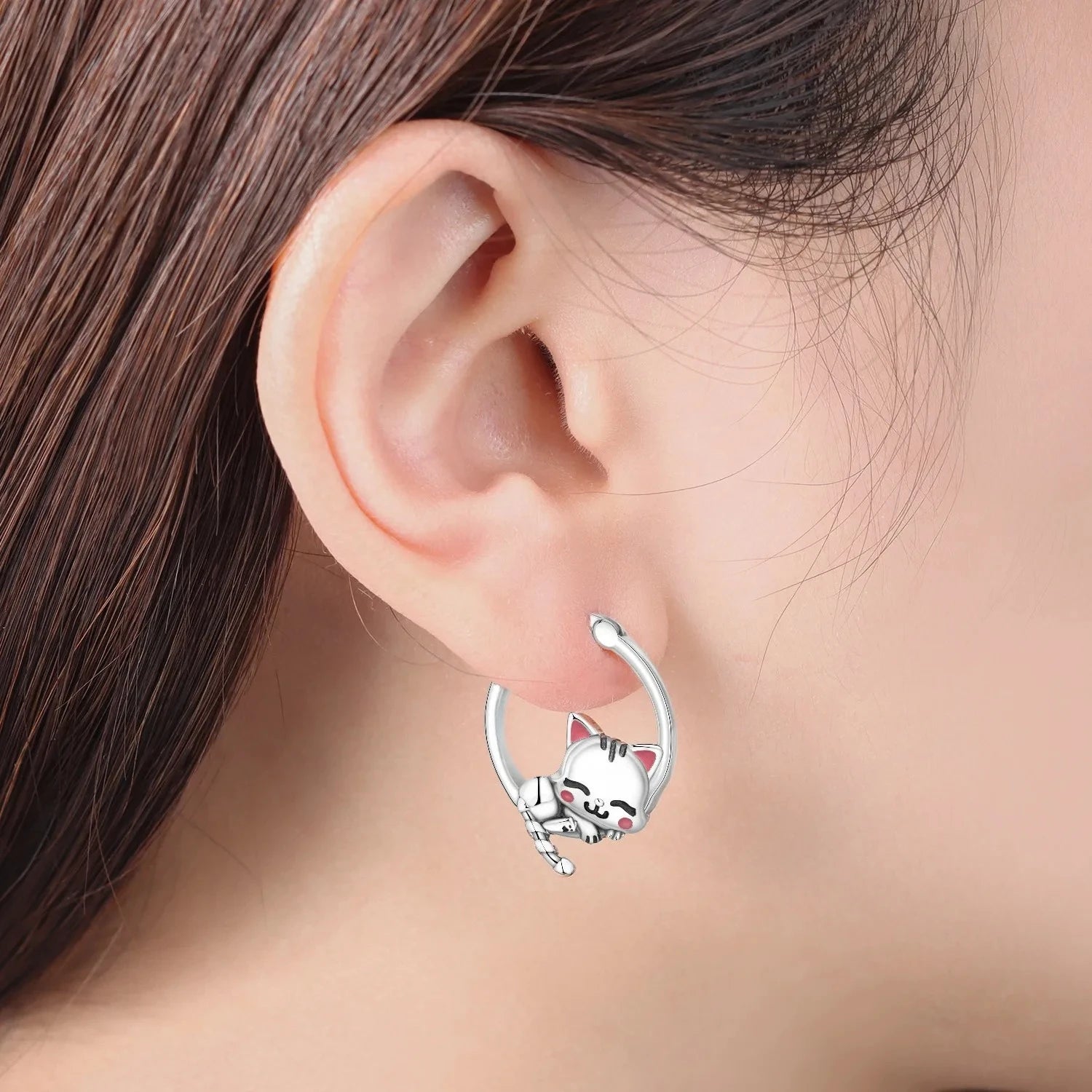 Cute Sleeping Cat Hoop Earrings Silver plated for Women Girls Daily Party Wear