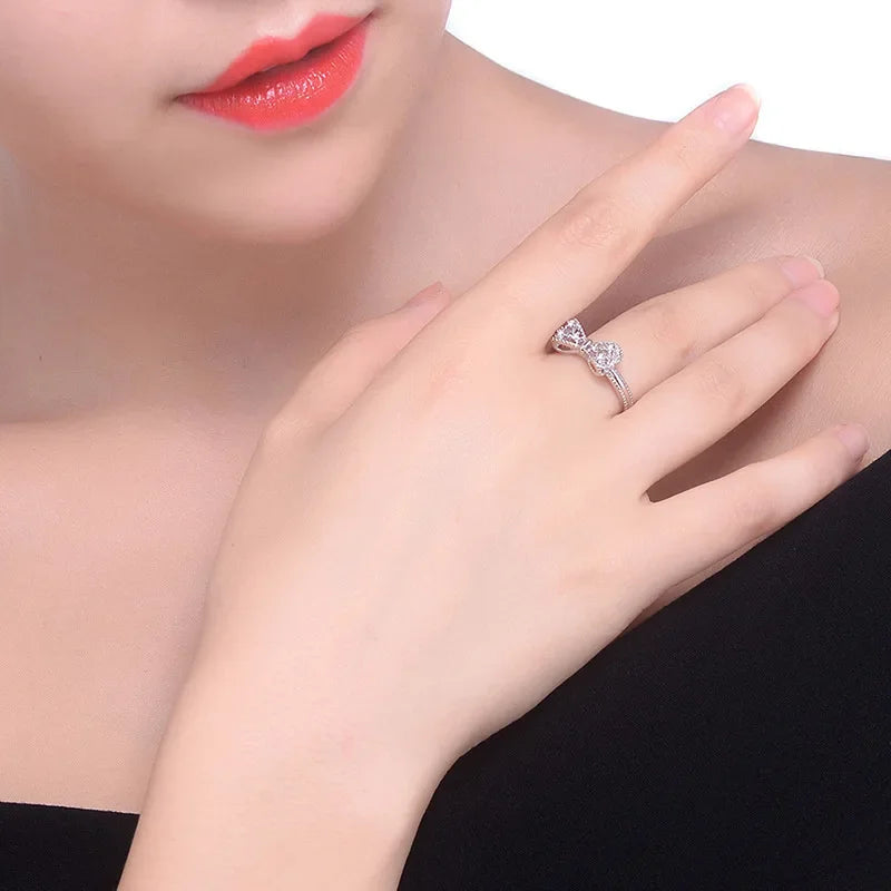 Beautiful 925 Sterling Silver Lovely Bowknot Shaped Jewelry Ring Micro Paved Bow Tie Zircon