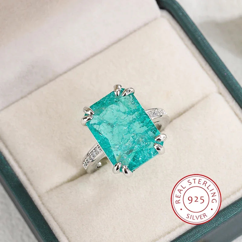 925 Silver Plated Exquisite Blue Green Moissanite Ring Fire Sparkling Luxury Open Ring