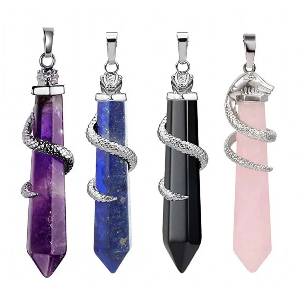 Snake Wrapped Crystal Hexagon Column Stone Pendulum Pendants