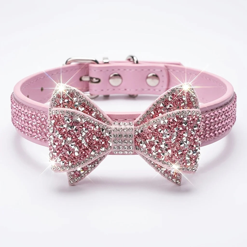 Dog / Cat Collar Pink Rhinestone Bow Princess Style No Choke Secure Stones