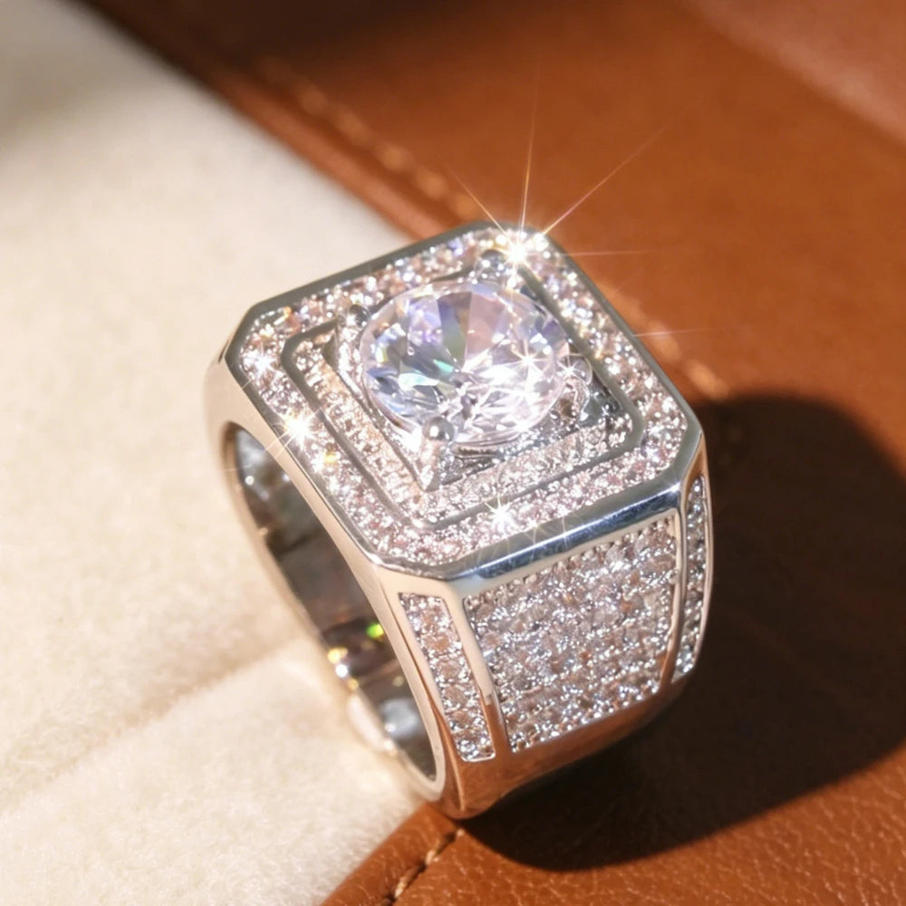 Elegant Men's Heavyweight Geometric Square Wide Ring with 3D Surrounding Shimmering Stone
