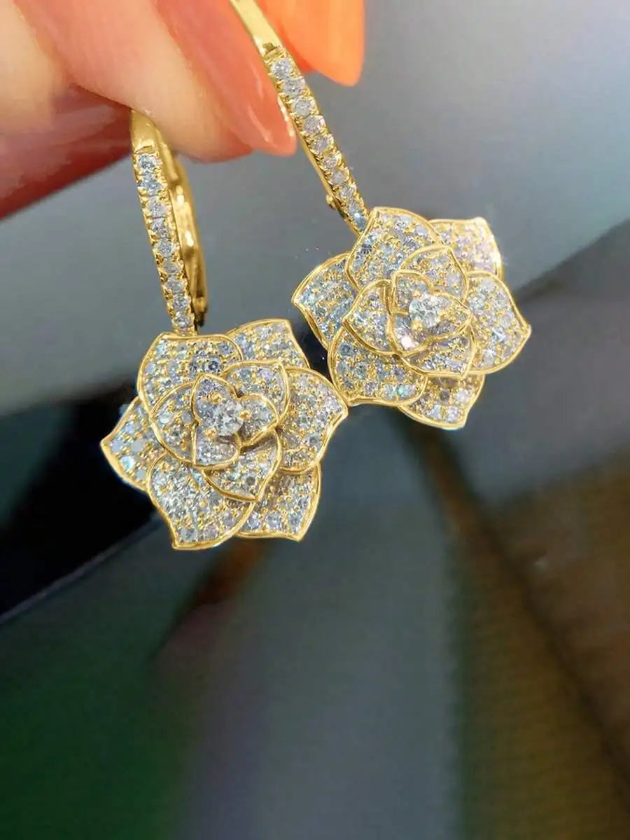Floral Design Cubic Zirconia Drop Earrings For Women
