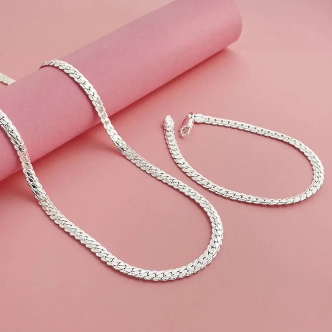 Fine Brands 5MM Flat Chain 925 Sterling Silver Bracelets Necklaces Jewelry Sets