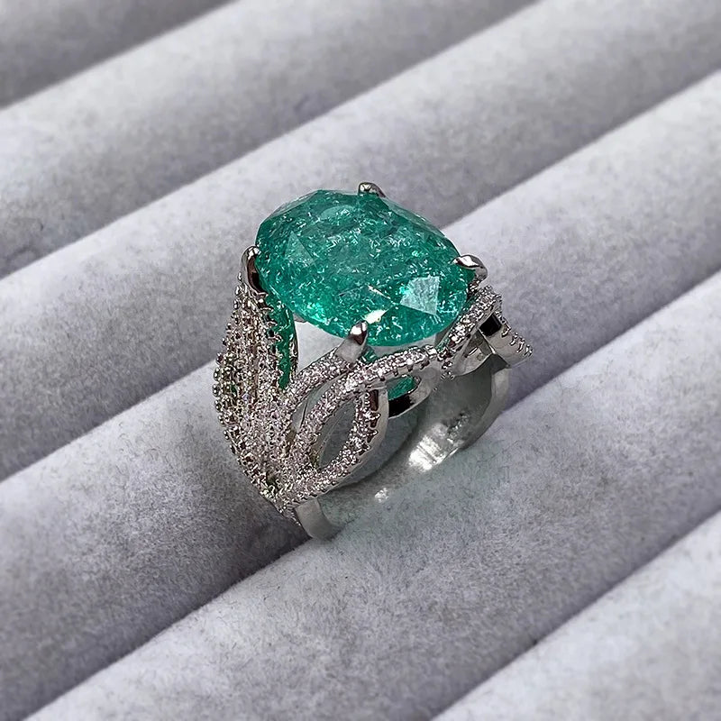 925 Silver Plated Exquisite Blue Green Moissanite Ring Fire Sparkling Luxury Open Ring